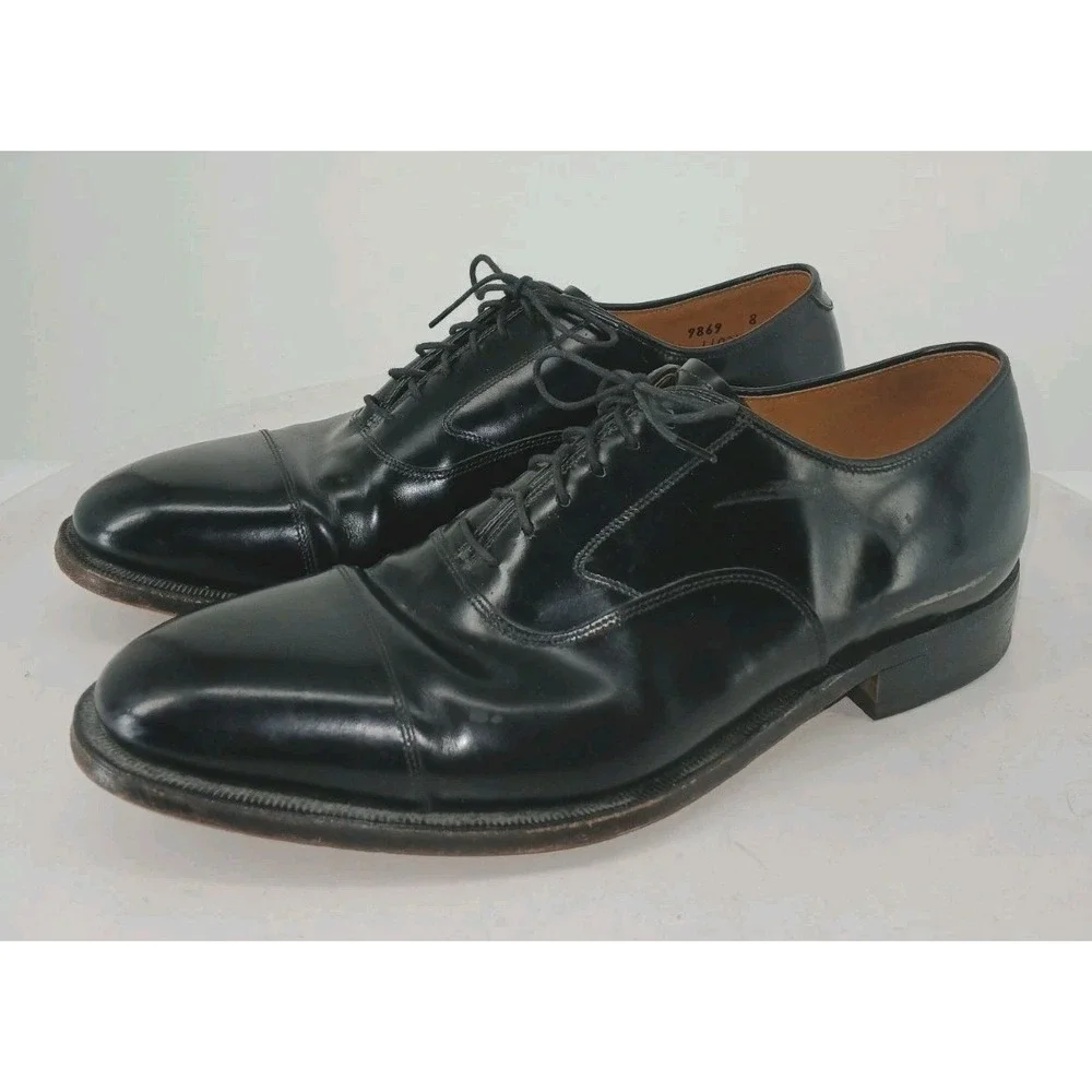 Johnston & Murphy Mens Leather Handcrafted Black Cap Toe Dress Shoes SZ 9.5 C134